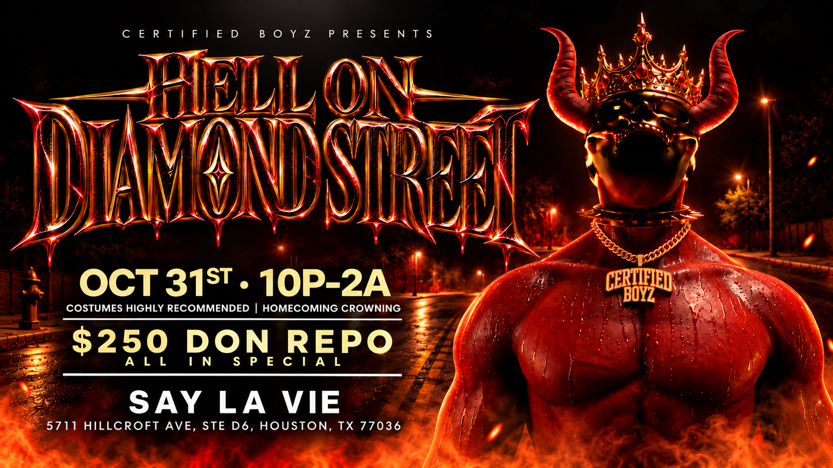 Hell on Diamond Street Halloween party flyer — Oct 31, 10P–2A at Say La Vie, Houston